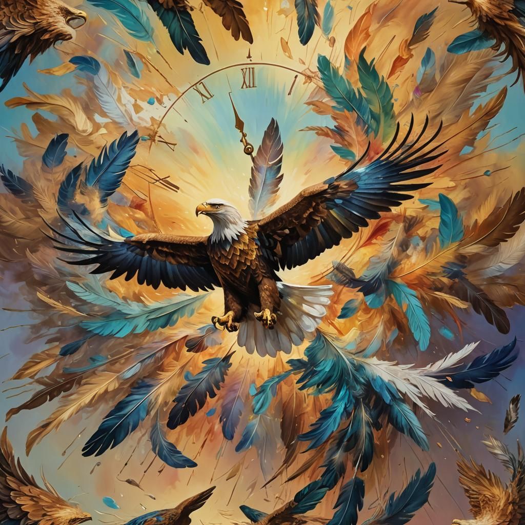 Surreal Eagle Flight with Melting Clocks, Dreamlike Oil Pain...