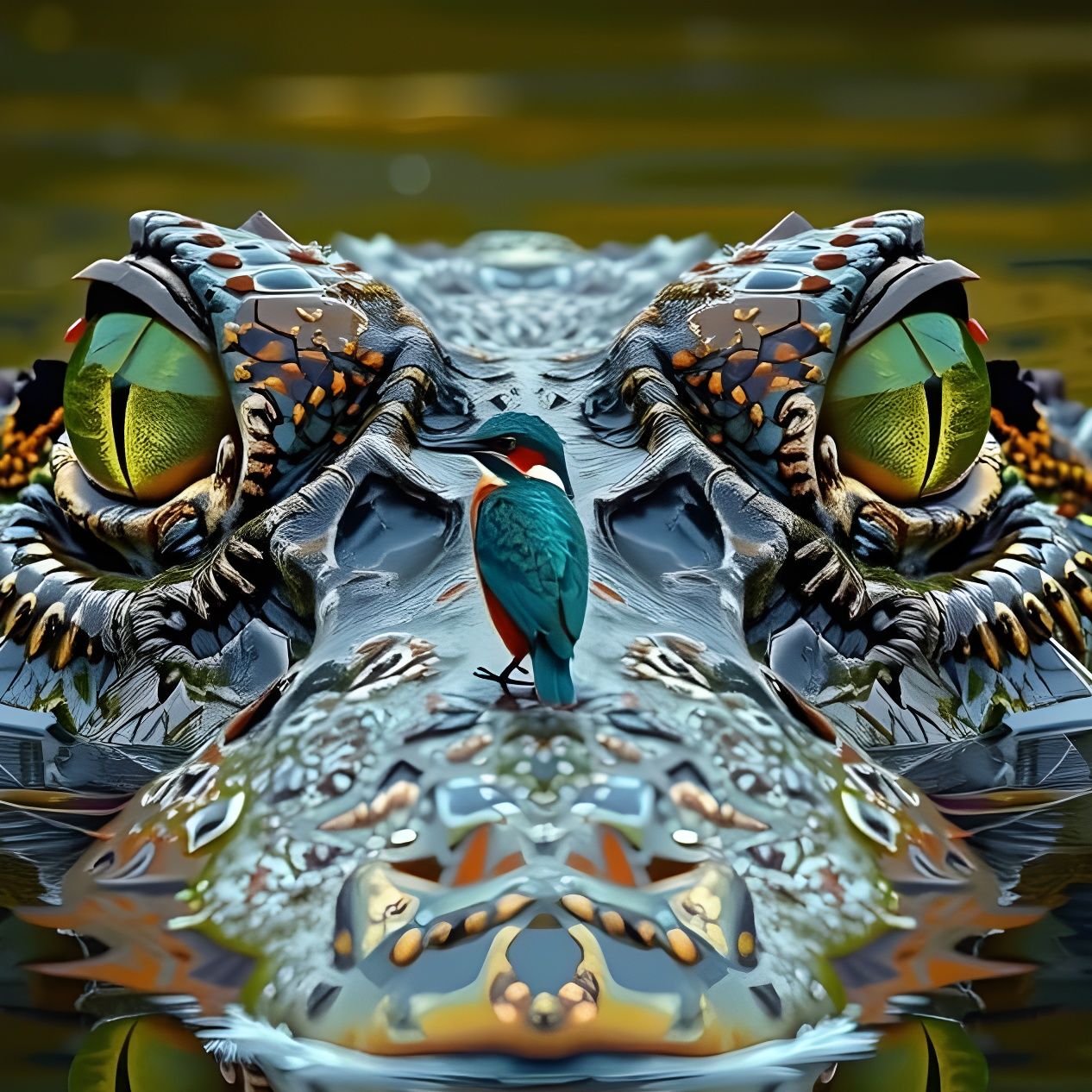 Ethereal Encounter: Kingfisher Amidst Crocodile's Emerald Ey...