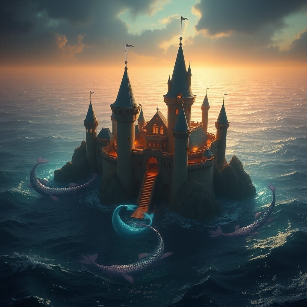 Mermaid Castle in Shimmering Ocean, Digital Painting
