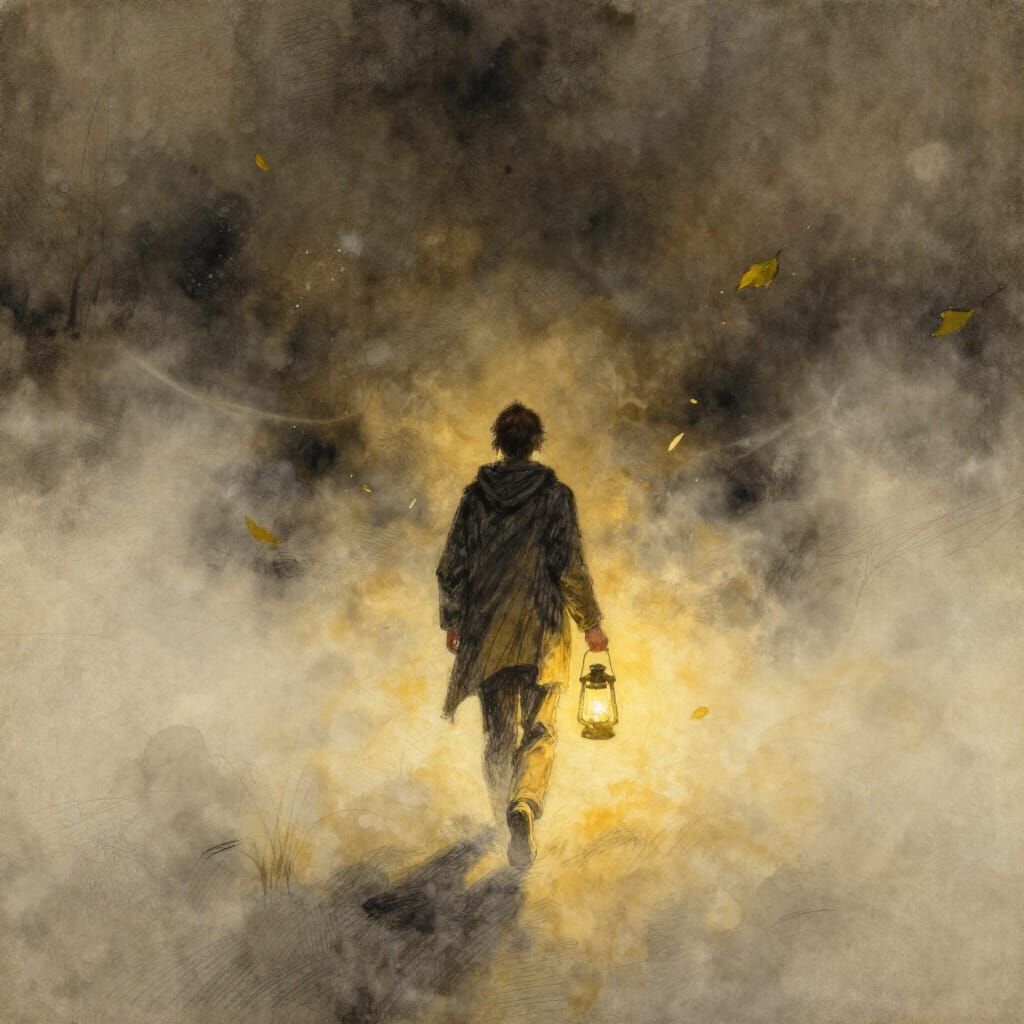 Lone Figure with Lantern in Glowing Fog, Watercolor-Gouache ...