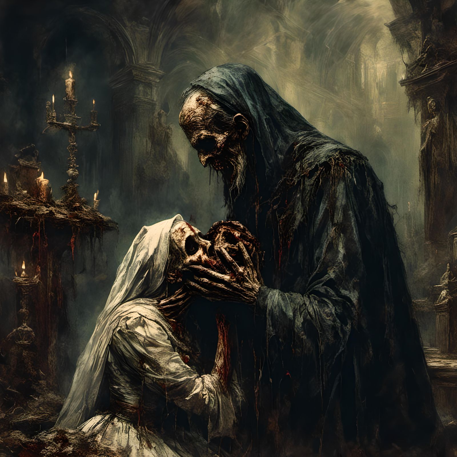 Rotting Zombie Priest Kissing Nun: Macabre Horror