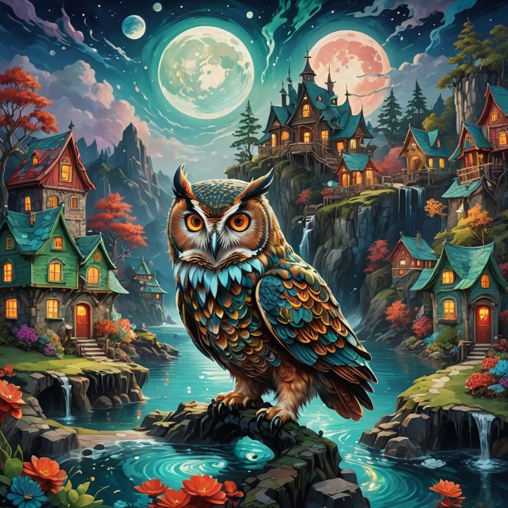 Underwater Whirlpool Village Watched by Owl, Fantasy Art