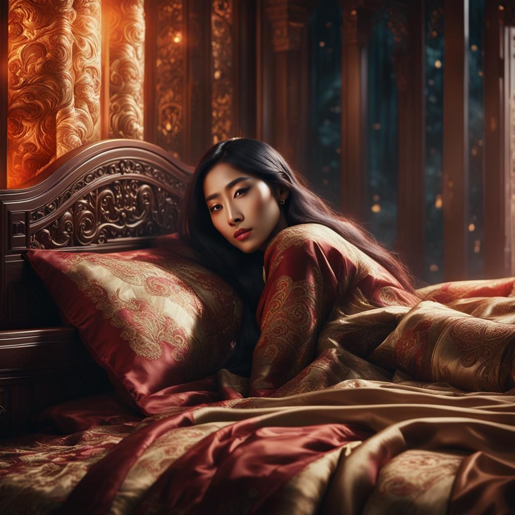 Asian Girl on Bed in Matte Painting Style
