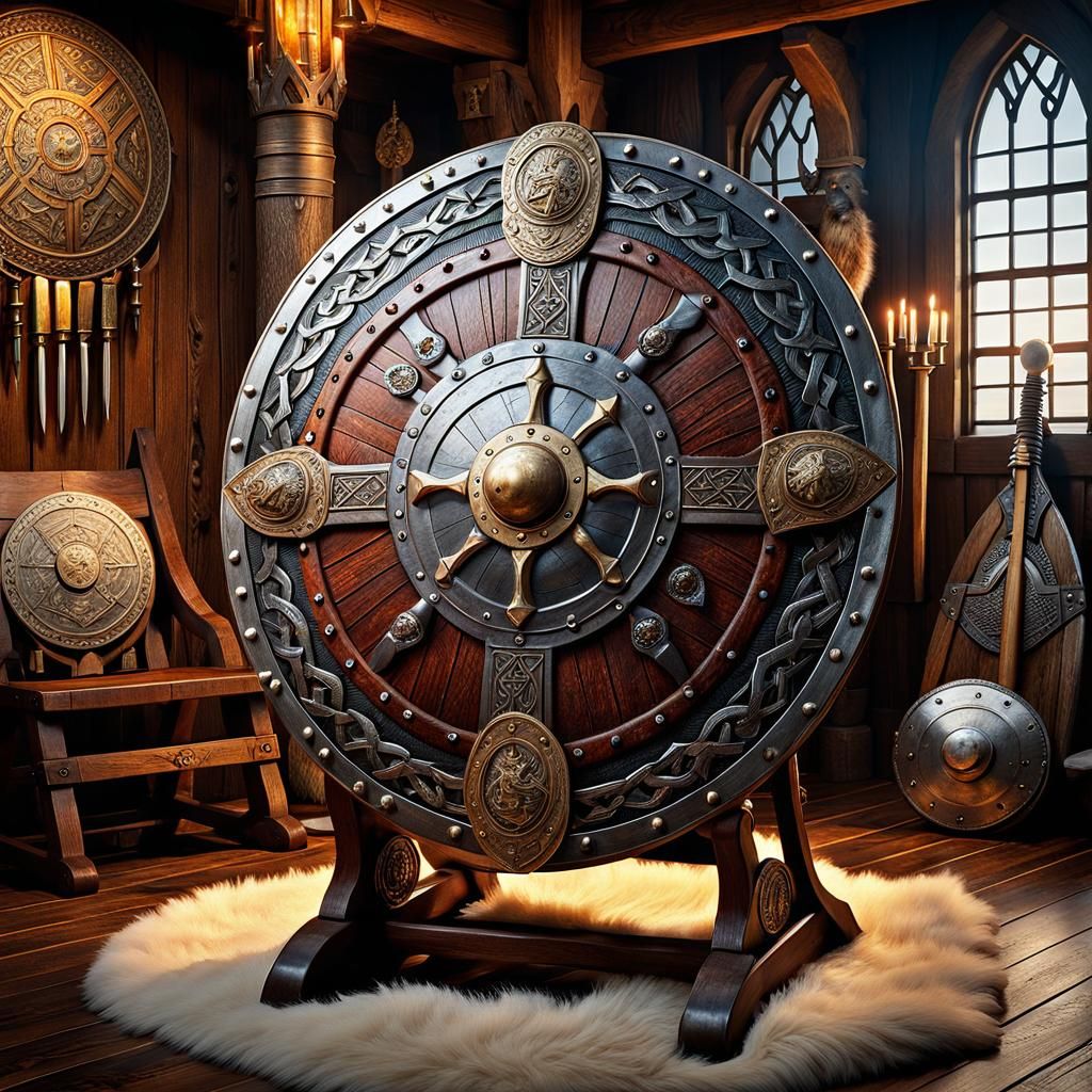 Intricate Viking Shield Display in Temple, Hyperrealistic