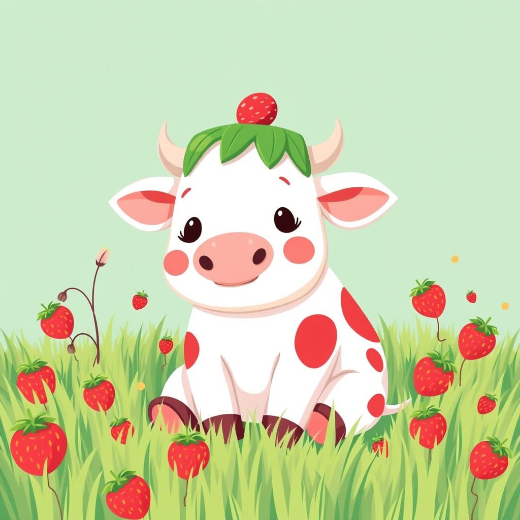 Chubby Kawaii Cow in Strawberry Hat