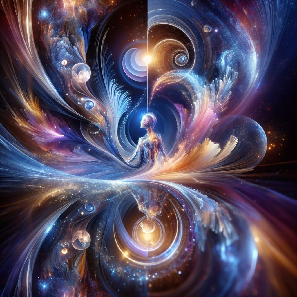 Cosmic Unity: Abstract Light Ribbons and Mirrored Galaxies