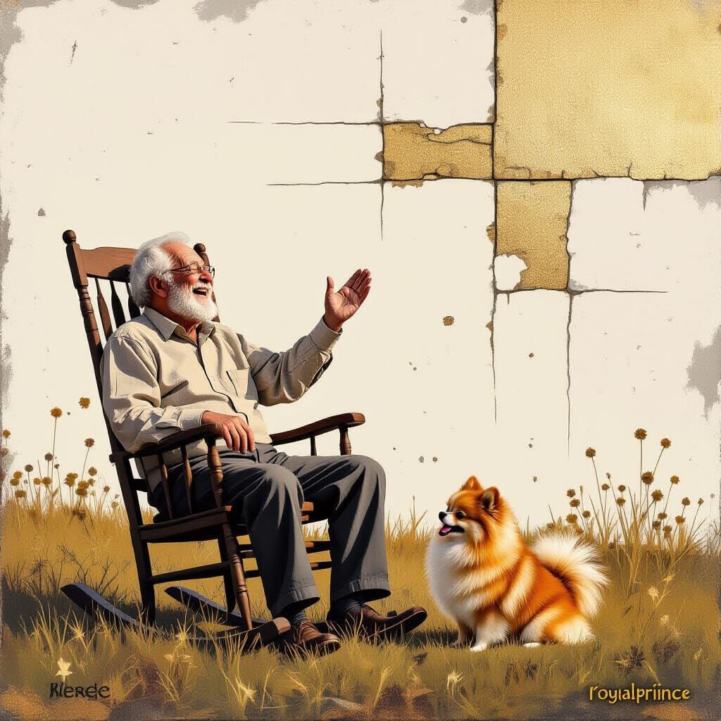 Laughing Grandpa with Pomeranian in Dreamlike Setting