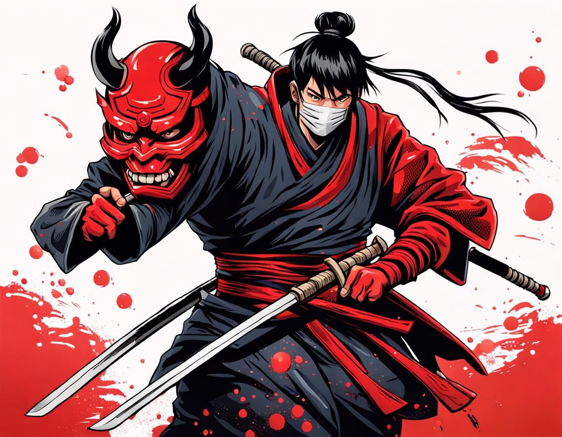 European Samurai with Oni Mask and Katana