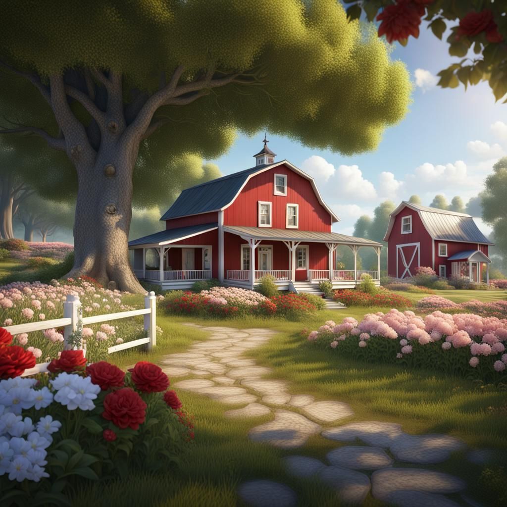 Quaint Farm with Red Barn in Detailed Matte Painting