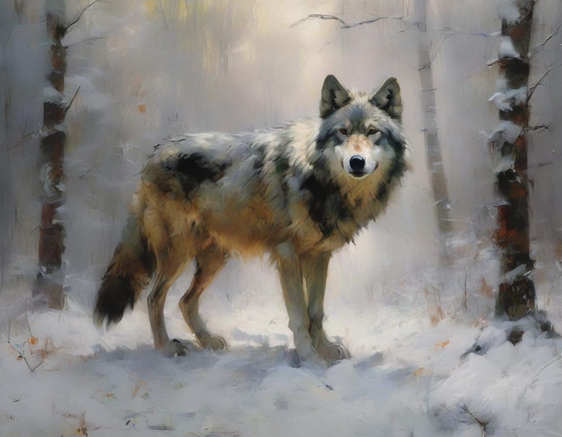 Wolf in Snowy Foggy Forest Matte Painting