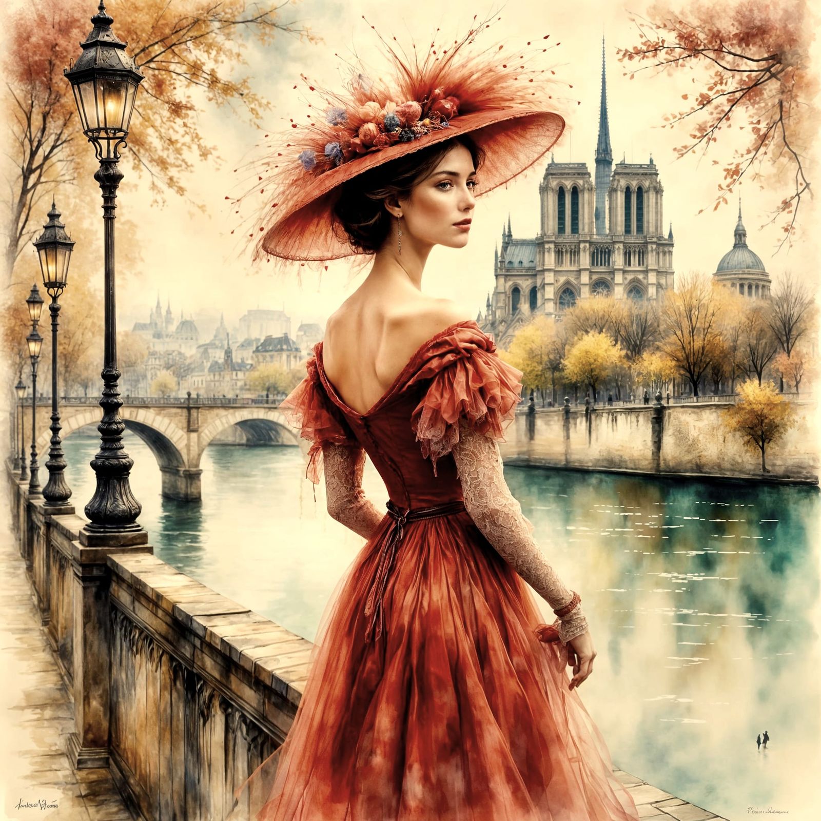 Elegant Woman in 1850s Red Dress by Seine River