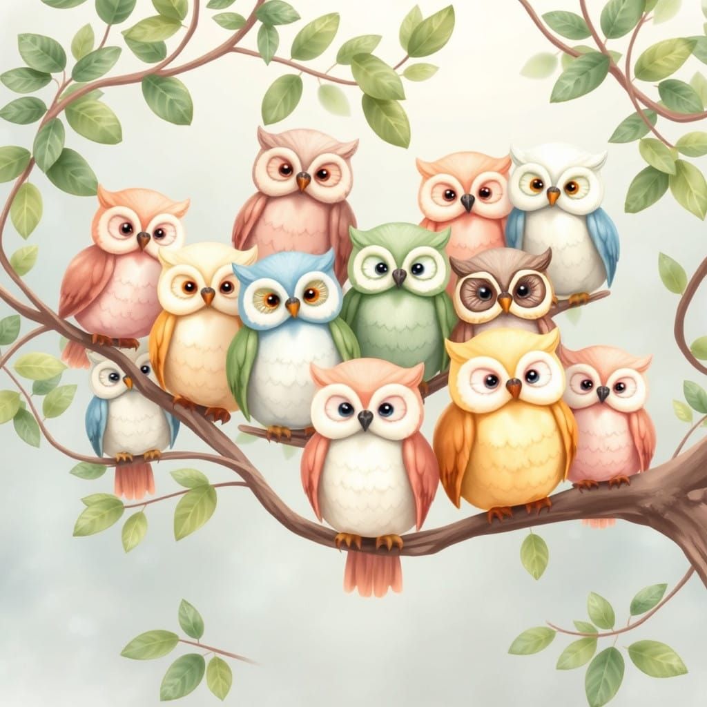 Delicate Owls Perched on a Whimsical Branch