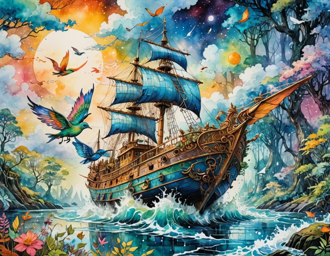 Flying Fantasy Boat in Psychedelic Watercolor Art