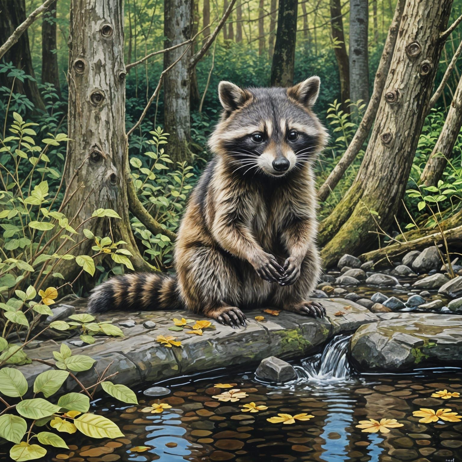 Raccoon Cleans Paws: Gouache Painting in Alder Forest