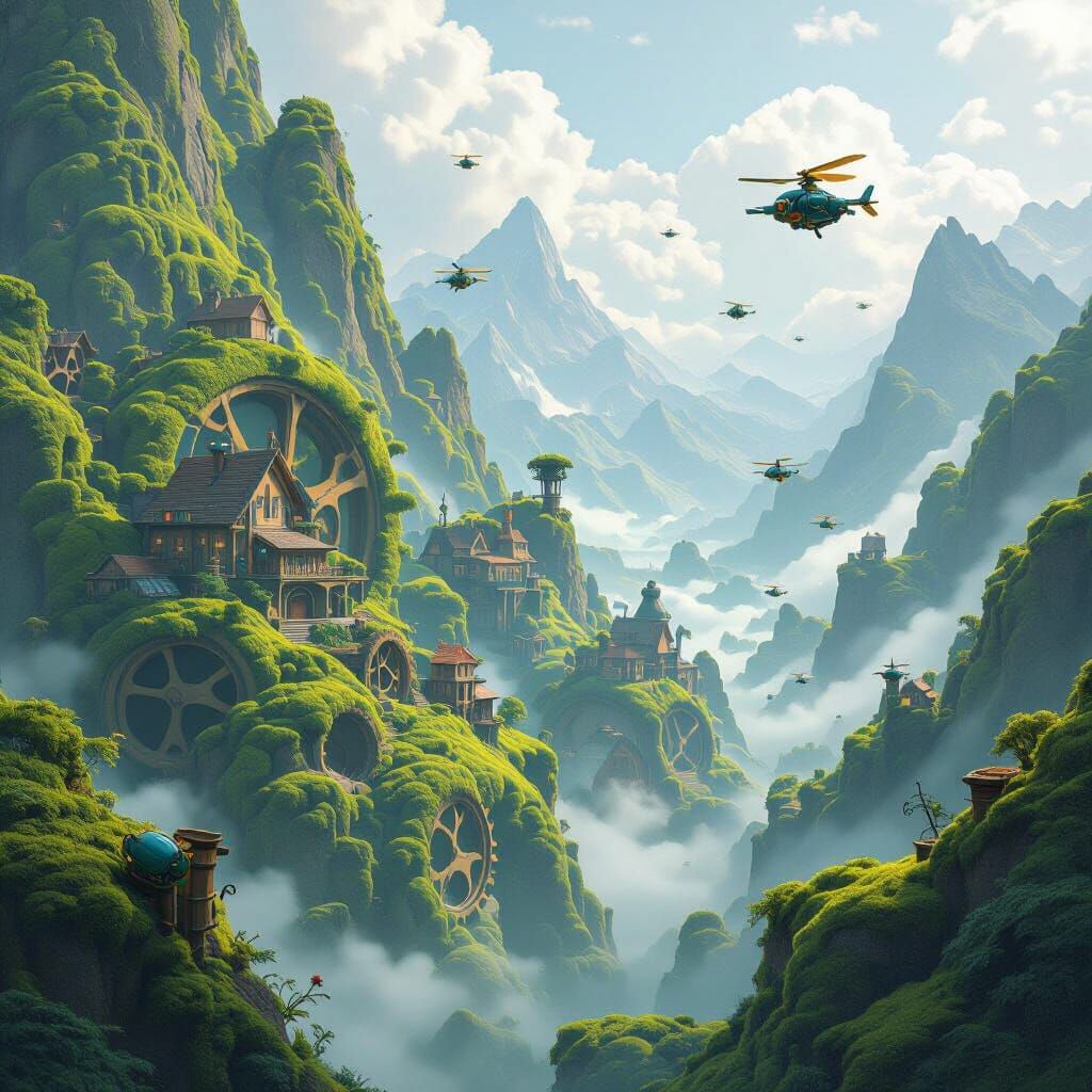 Fantastical Mossy Gears Landscape with Mountain Houses