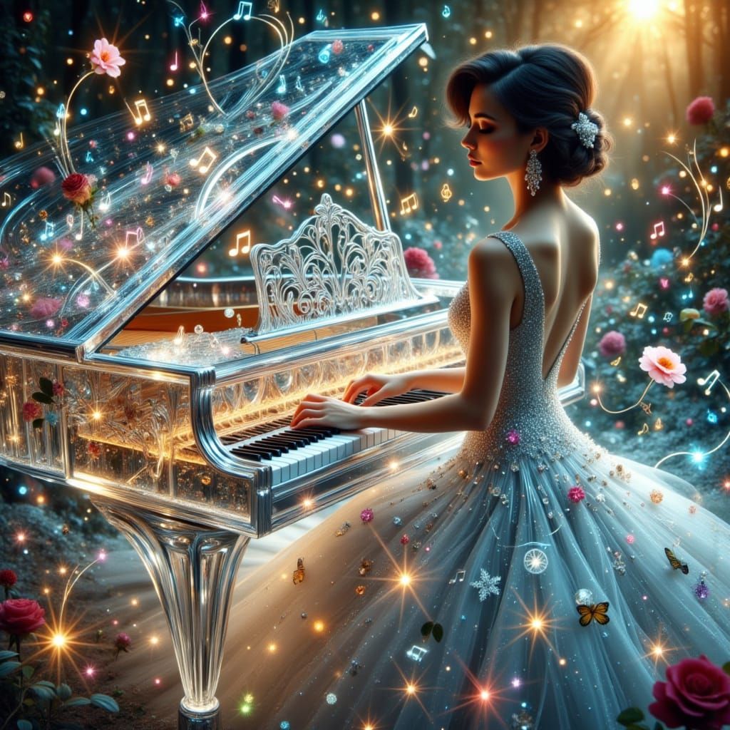 Woman Plays Crystal Piano with Swirling Music Notes