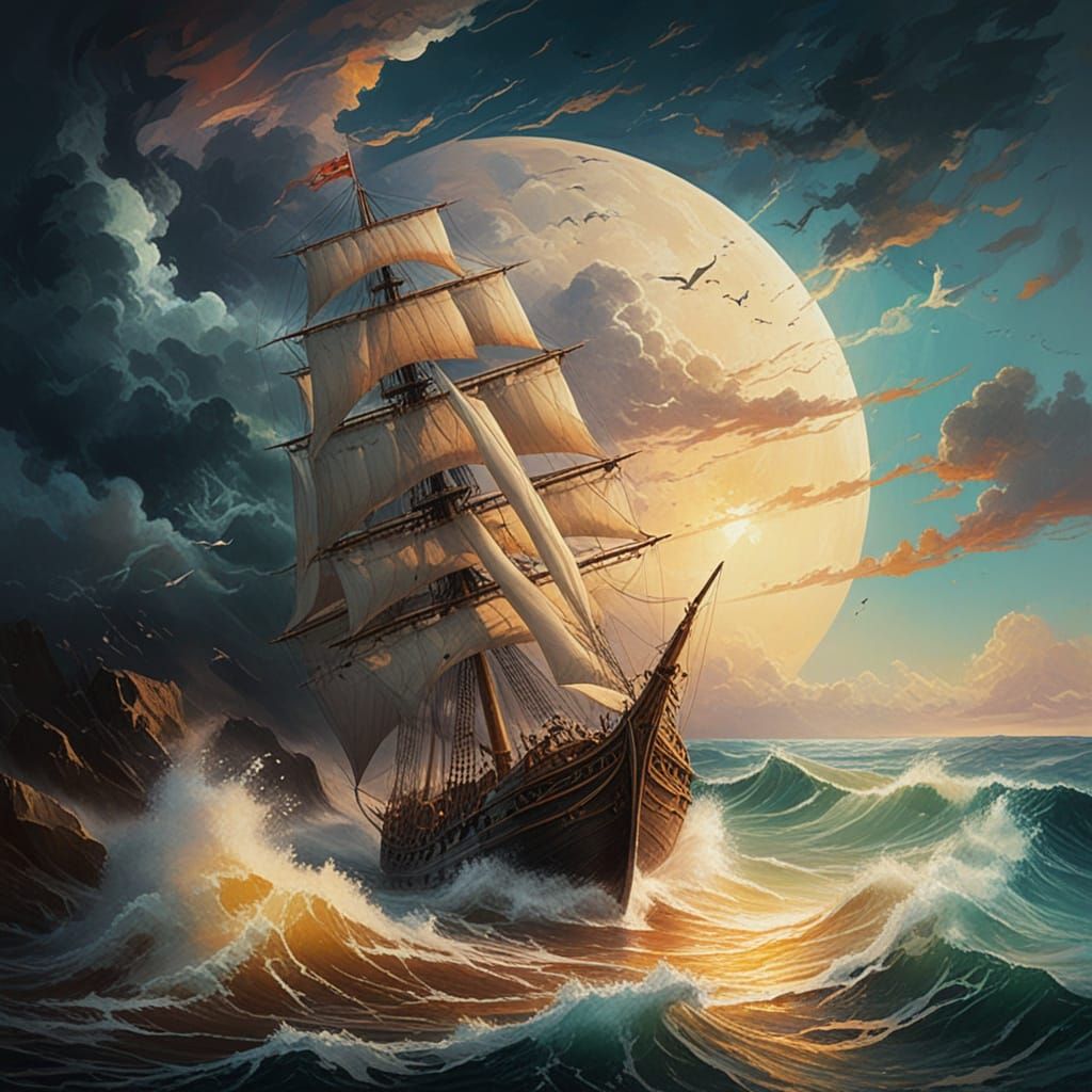 Viking Warriors in Turbulent Seas, Masterpiece Oil Painting