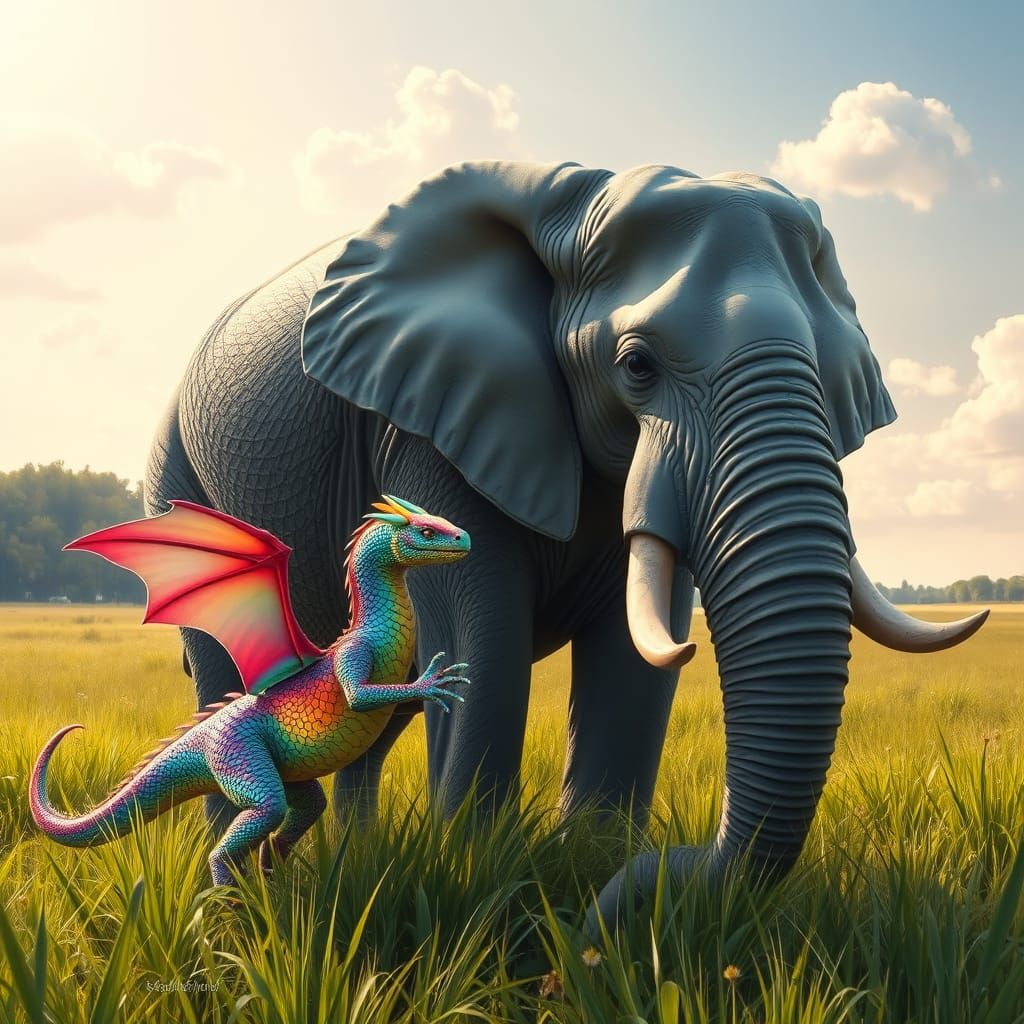 Rainbow Dragon and Elephant in Oil Painting Style