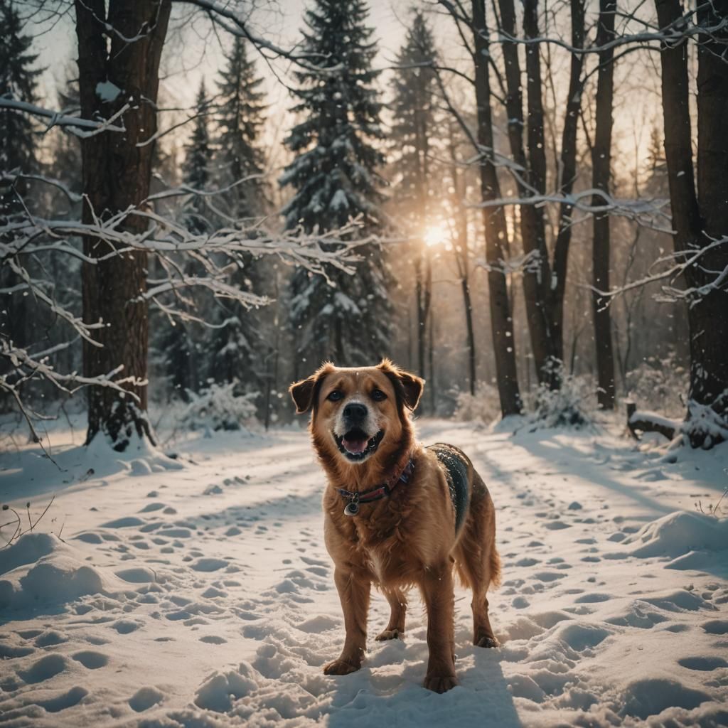 Dog's Joyful Play in Snowy Golden Hour
