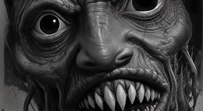 Biomechanical Horror Figure in Dark, Moody Bedroom