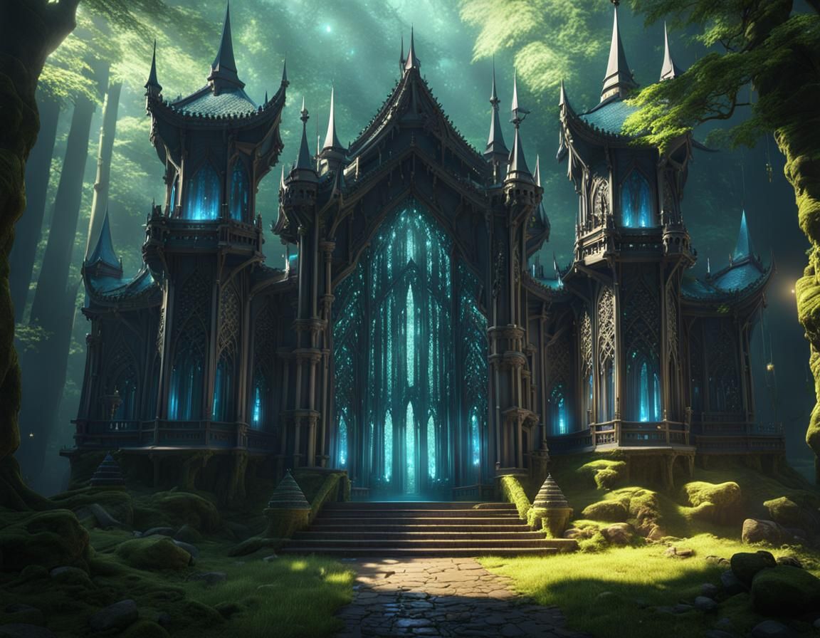 Majestic Gothic Castle in Ancient Forest, Fantasycore Art