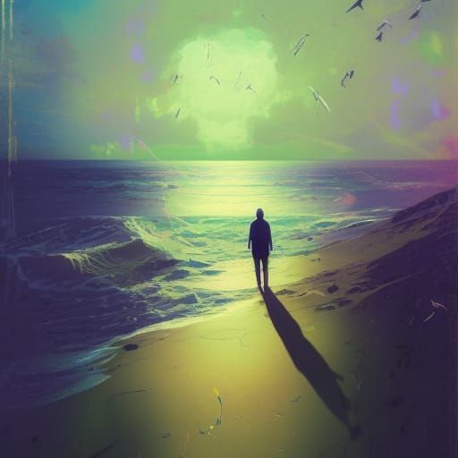 Man Contemplates Stormy Sea in Art Nouveau Style