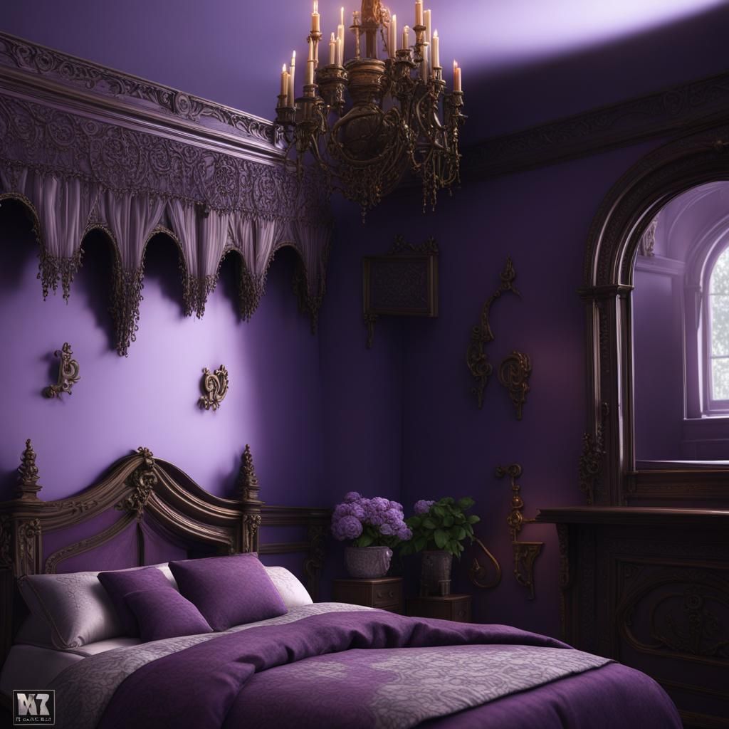 Complex Gothic Victorian bedroom with purple walls and purpl...