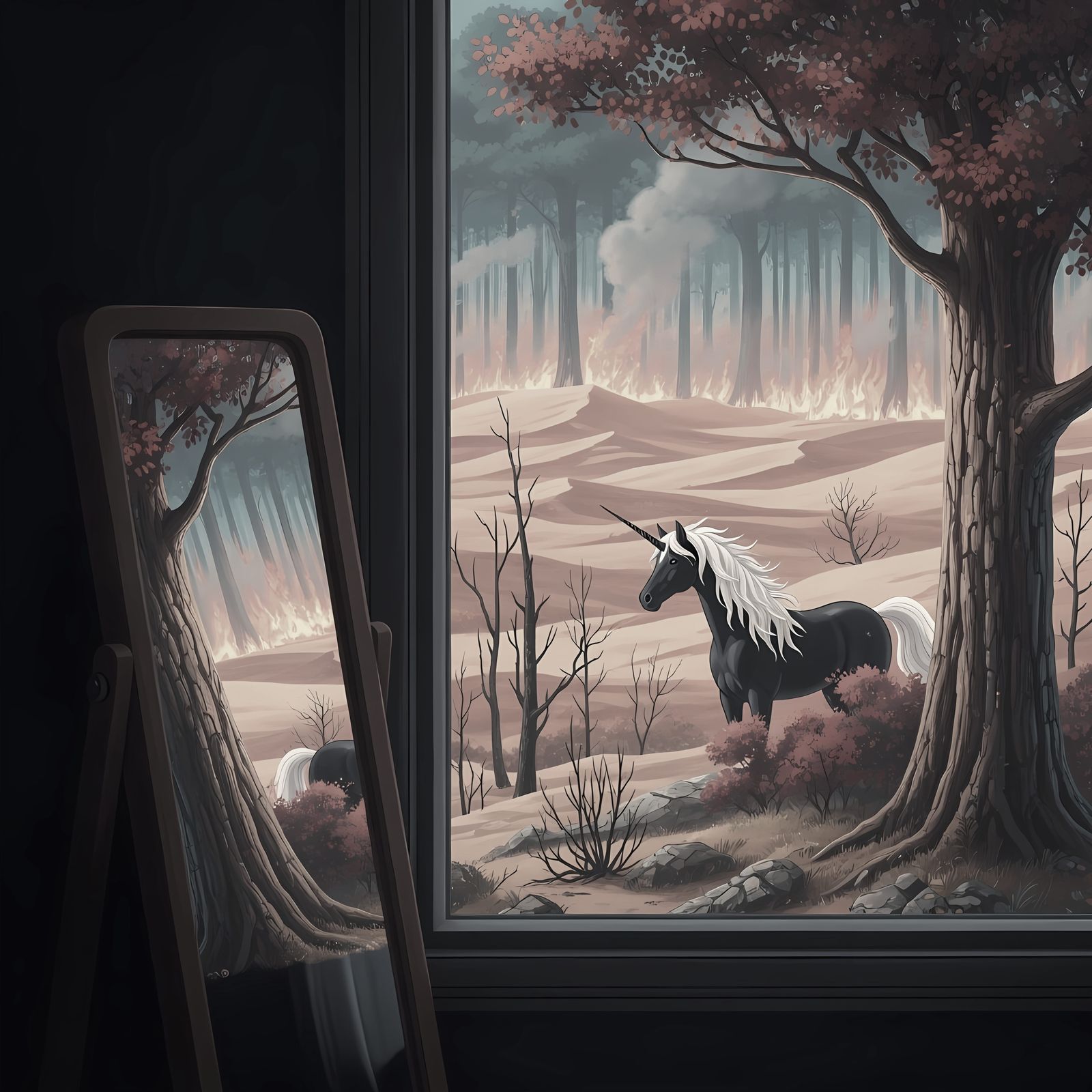 Mirror Reflecting a Fiery Desert Landscape