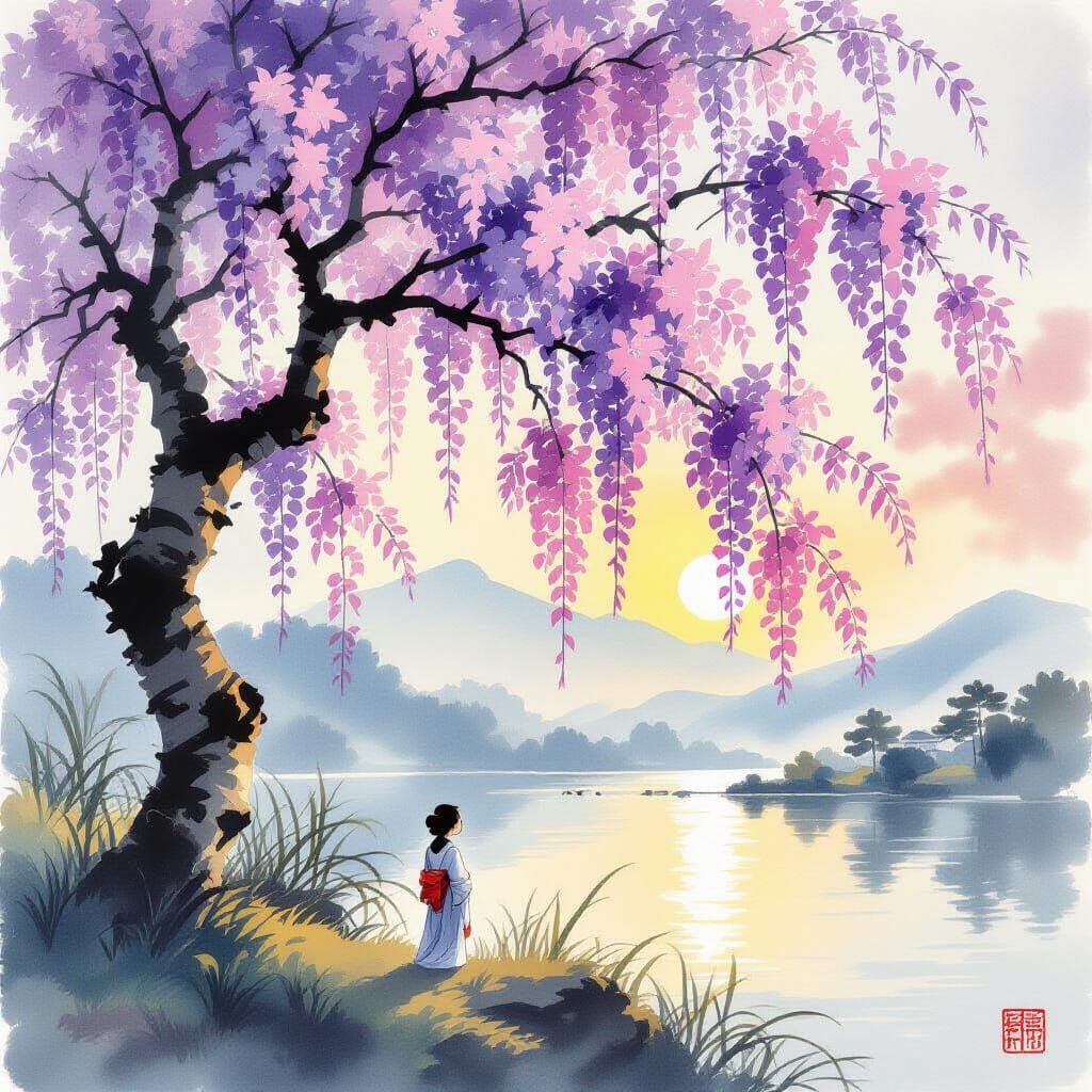 Japanese Ink Wash of Wisteria Blossom in Summer Breeze