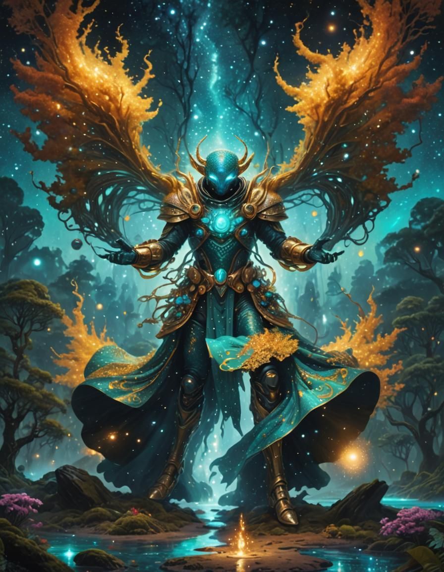 Alien in Fantasy Forest: Pointillism Sci-Fi Art