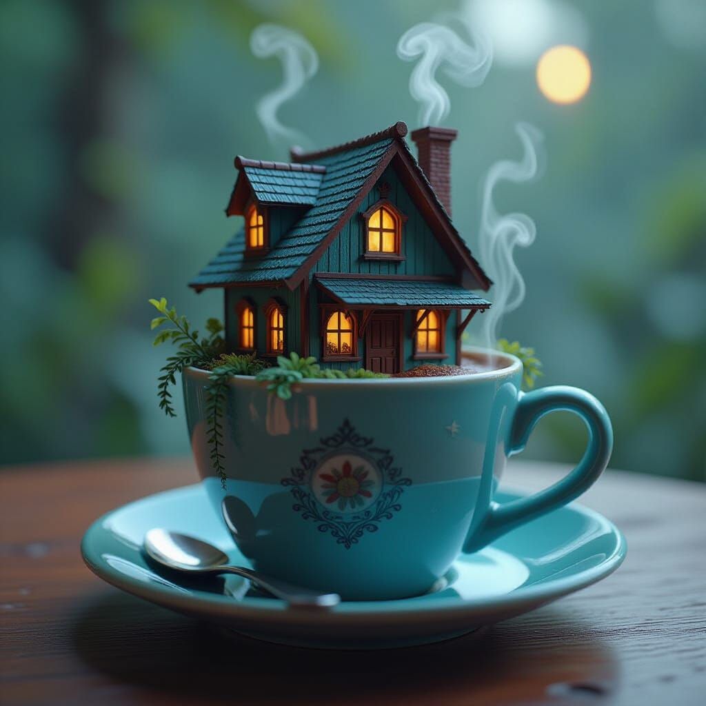 Miniature Drug House in Coffee Cup, Detailed Matte Painting
