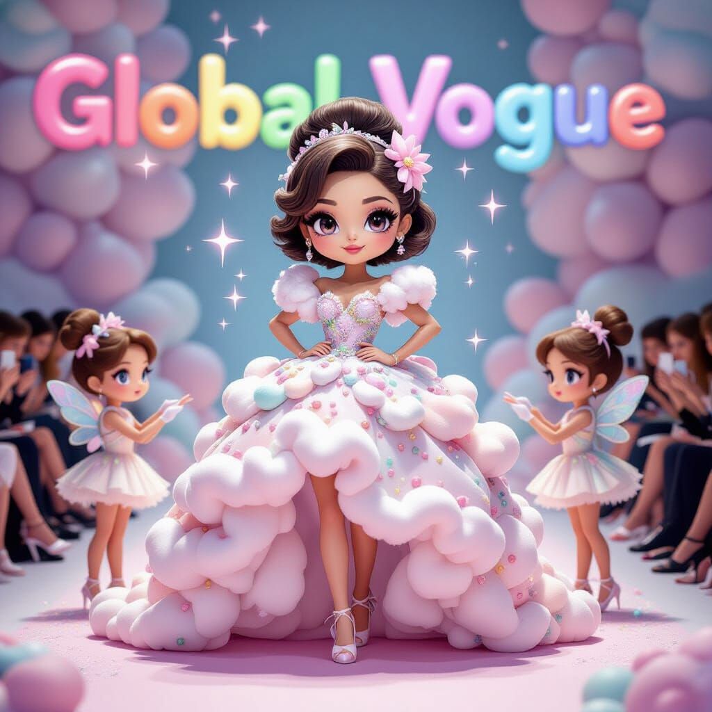 Chibi Fashion Icon on Marshmallow Runway in Pastel Anime Sty...