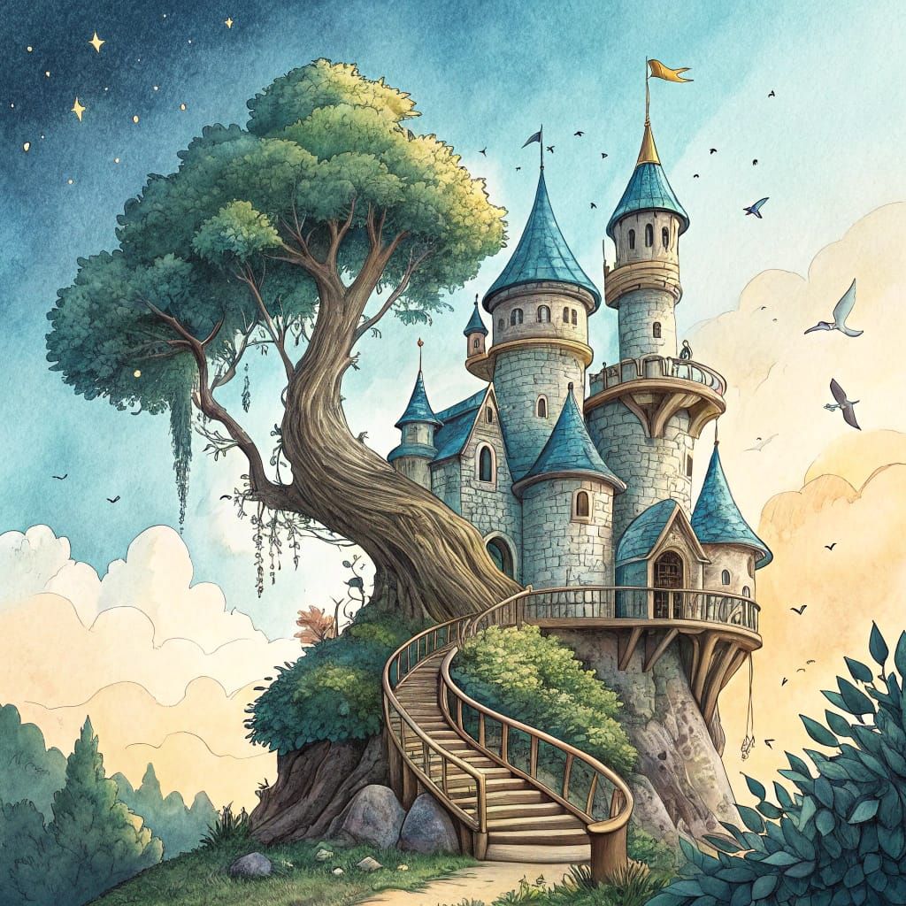 Surreal Castle Treehouse in Dreamlike Nature Scene