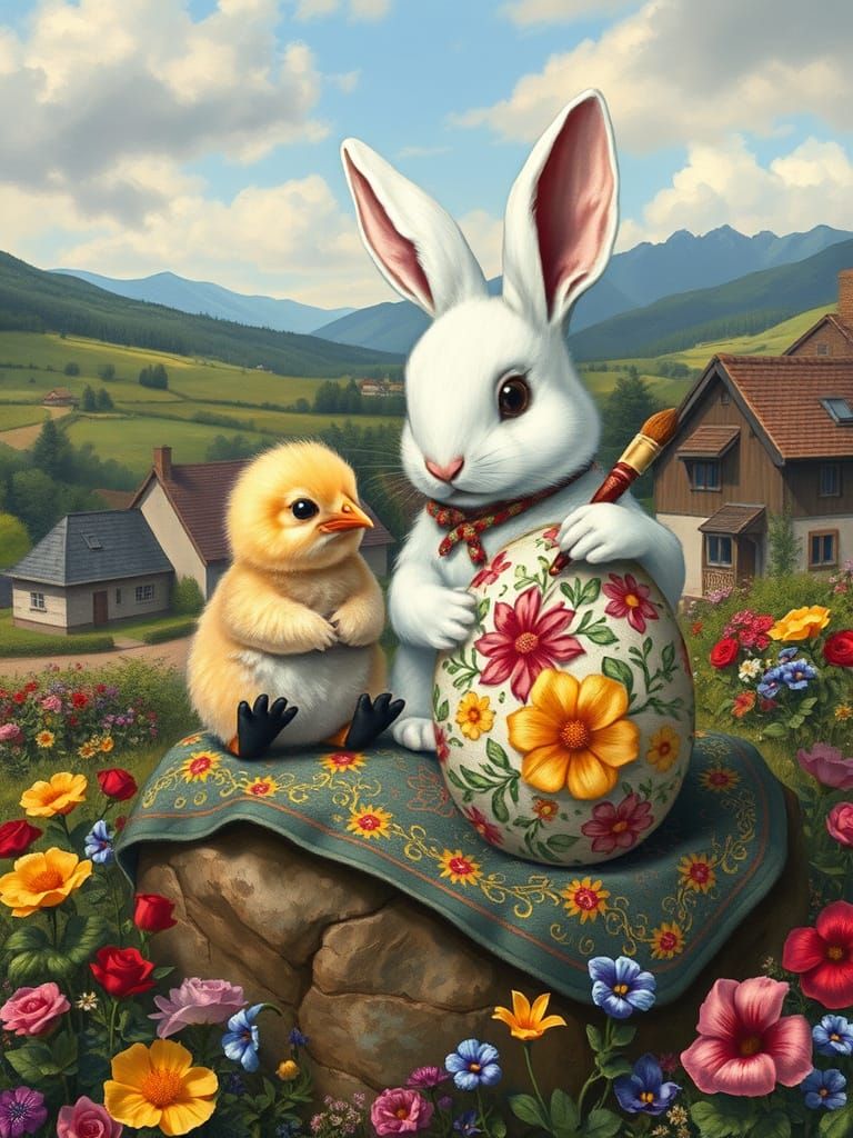 Whimsical Easter Scene with Chick and Bunny, Rembrandt Style