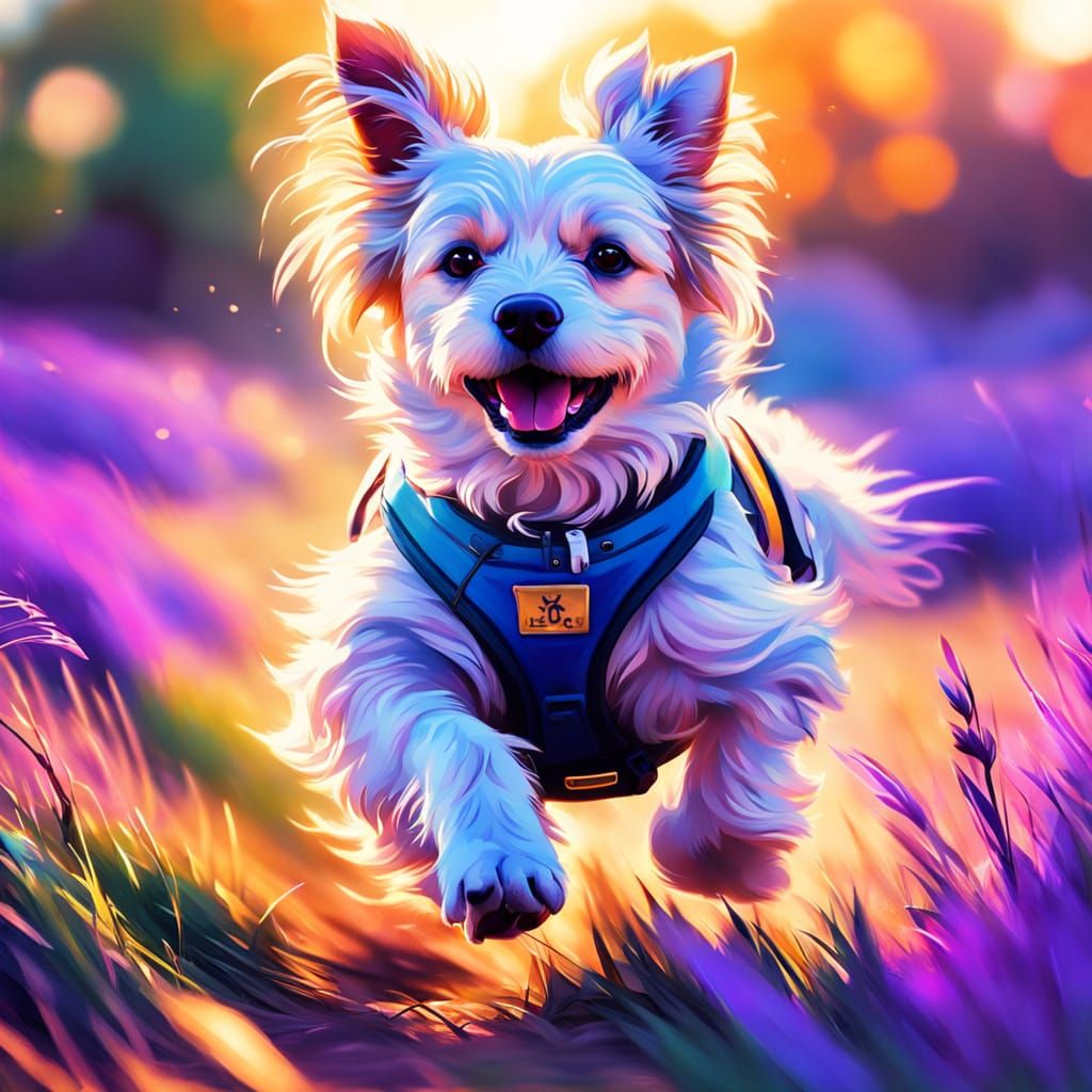 Vibrant Dog Running in Field: Digital Art