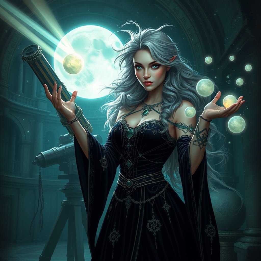 Sorceress Conjuring Light Orbs in Star-Dusted Observatory