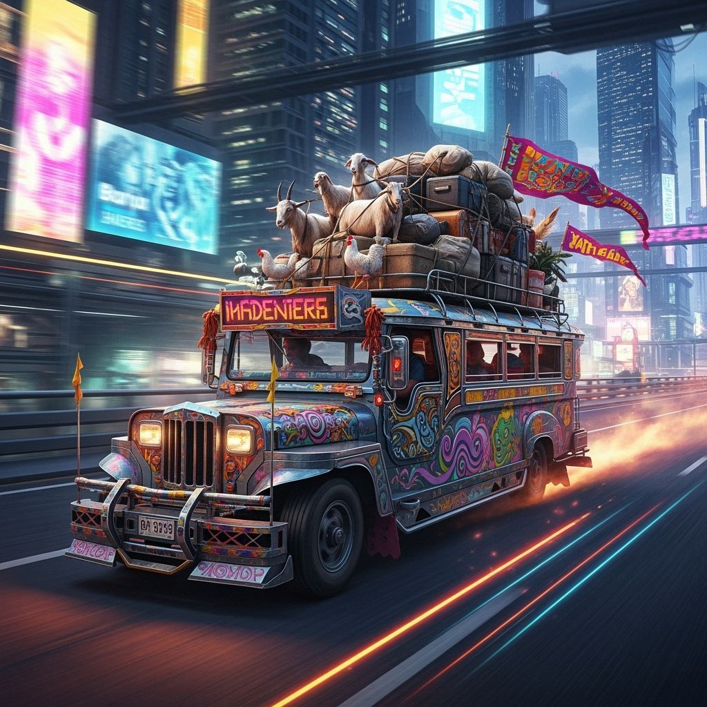 Philippine Jeepney Speeding in Stylized Neon Illustration