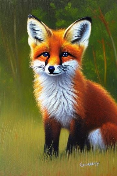 A cute little fox cub alone in the woods.