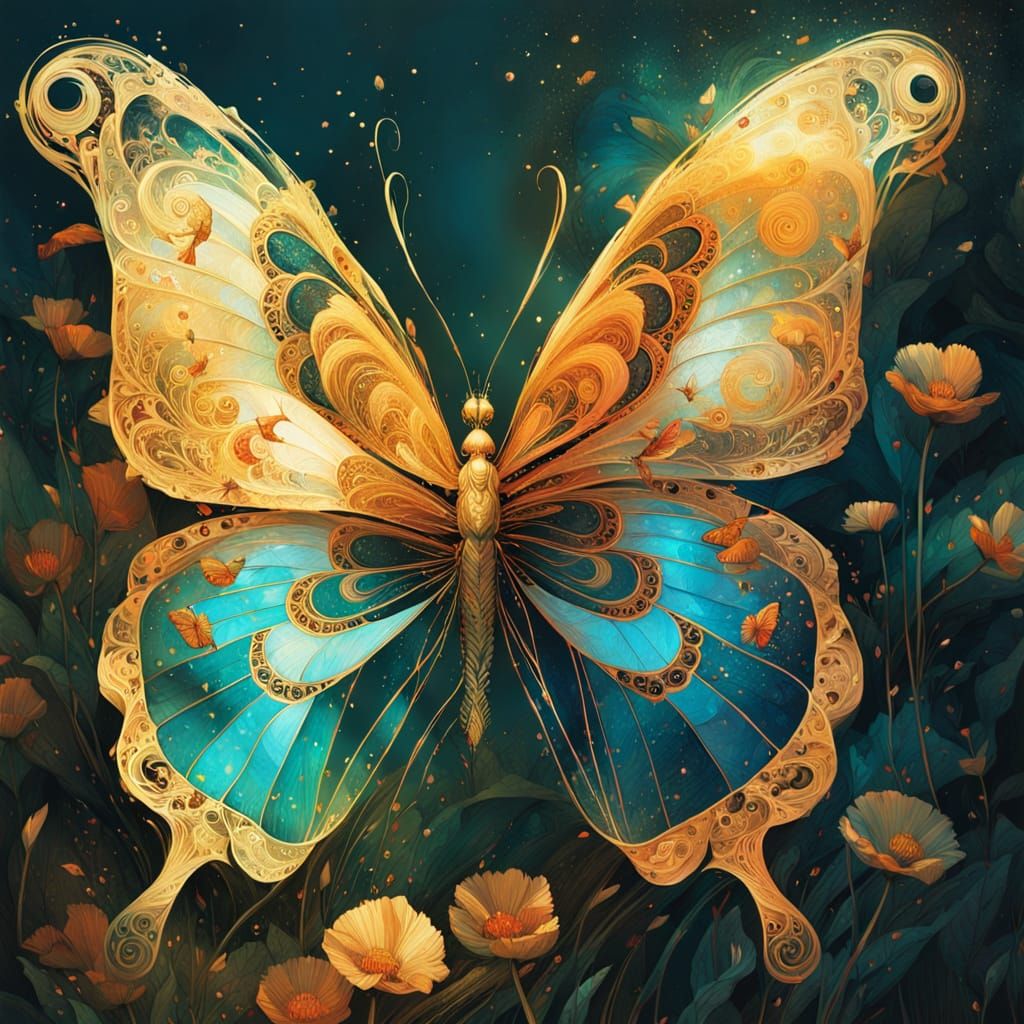 Iridescent Butterfly in Vibrant Floral Bloom