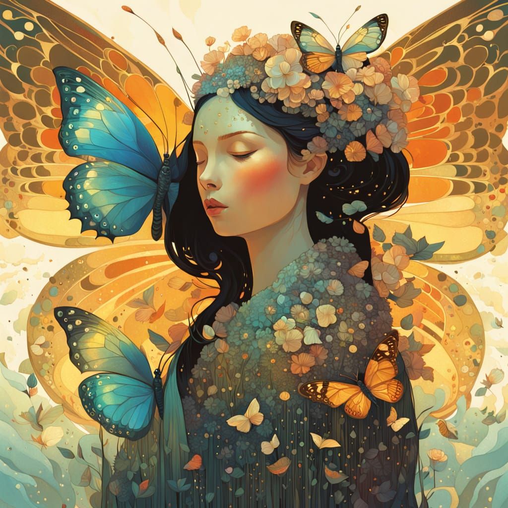 Dreamlike Iridescent Butterfly in Vibrant Flower Garden