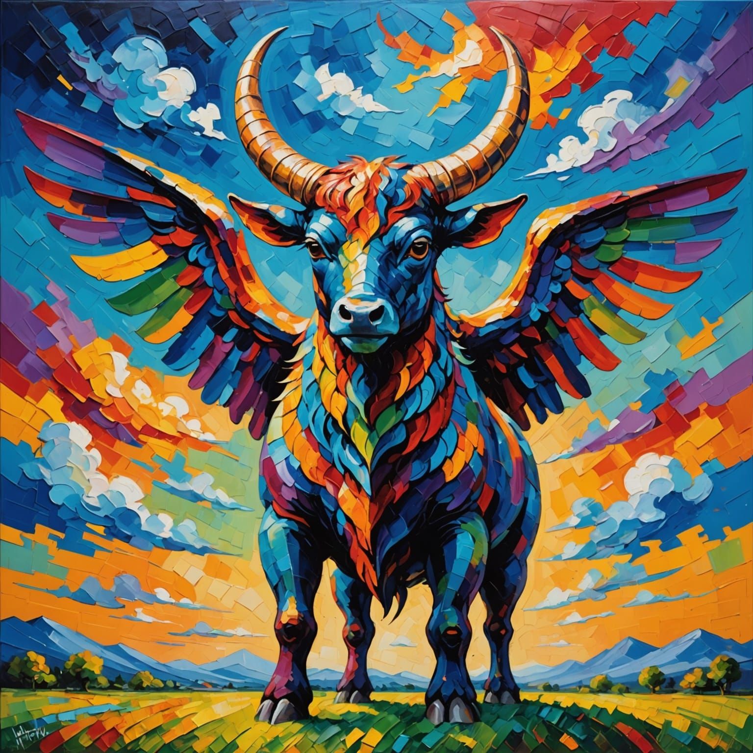 Horned Sky Beast Cradling Orphans: Expressionist Oil Paintin...