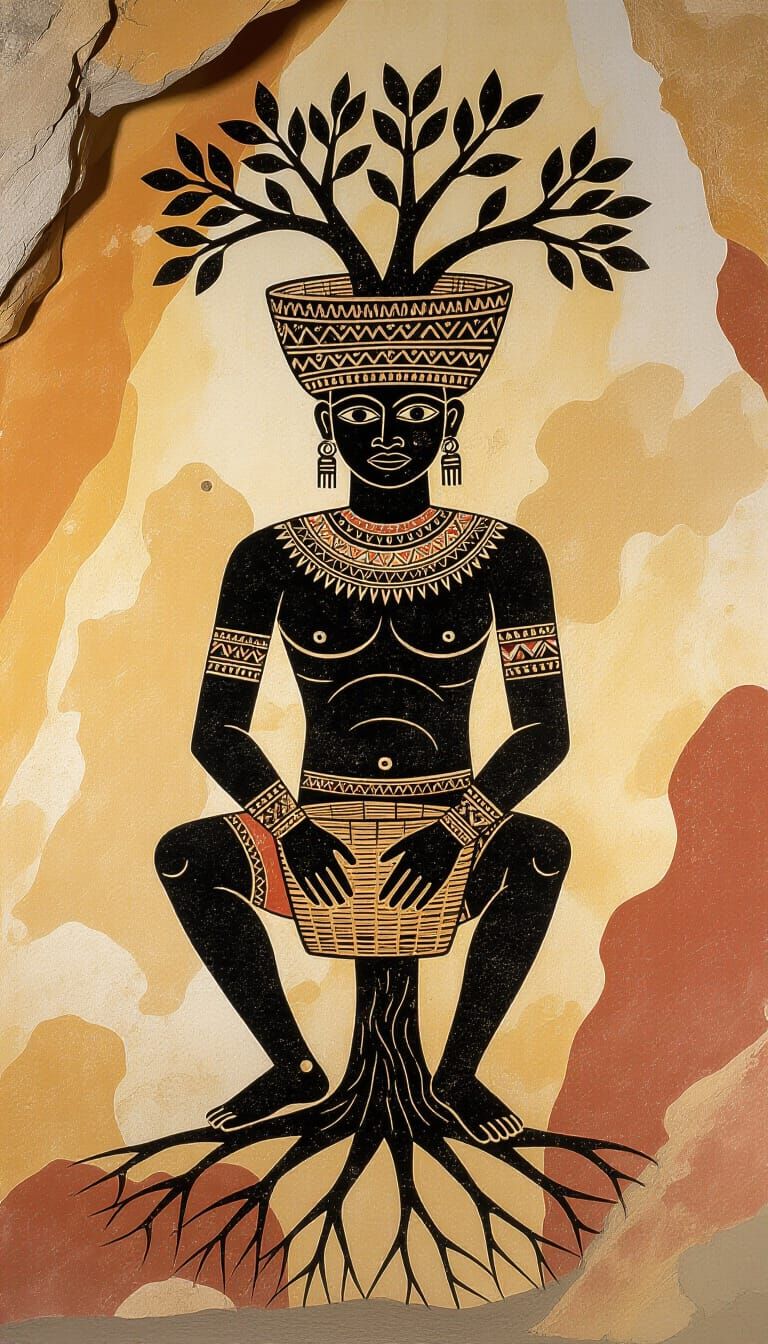 Ancient Cave Art: Seated Figure with Basket Head