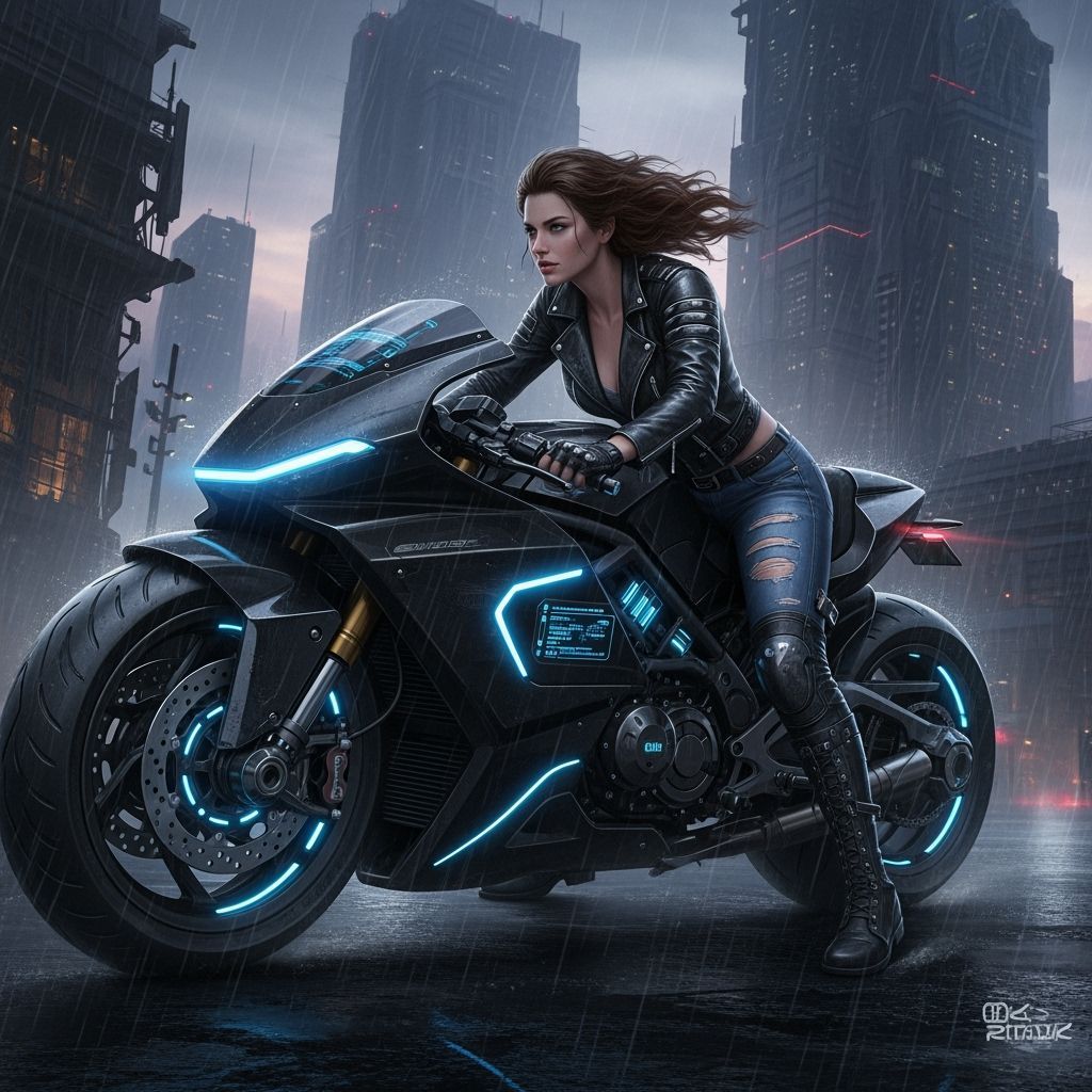 Woman on Motorcycle in Futuristic Style