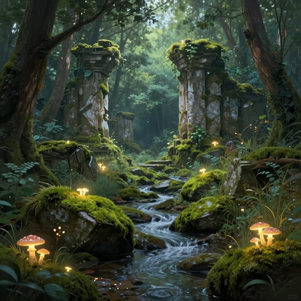 Ethereal Forest Clearing with Ancient Ruins Reclaimed by Nat...