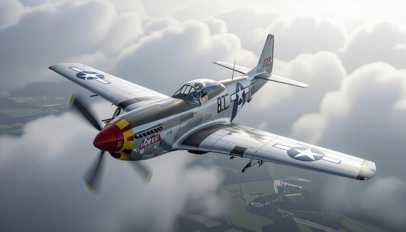 P-51 Mustang Fighter Over War-Torn Germany in WWII