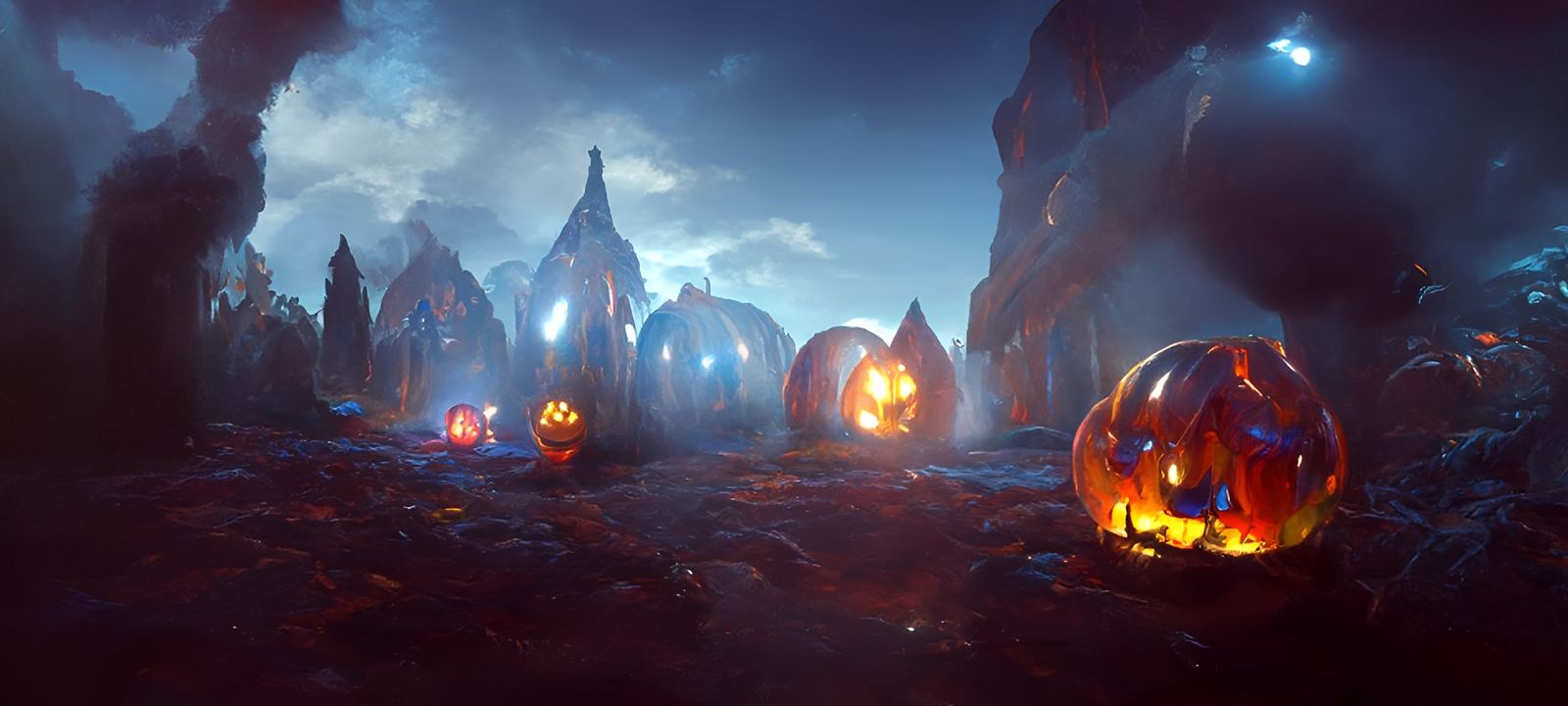 Jack-o-lanterns Guarding a Haunted Halloween Town