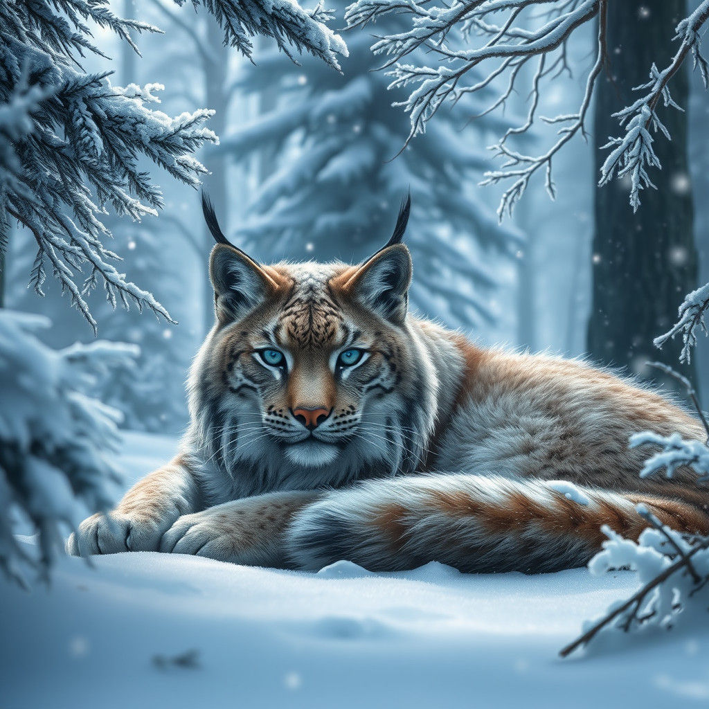 Winter Lynx in Snowy Forest, Digital Art