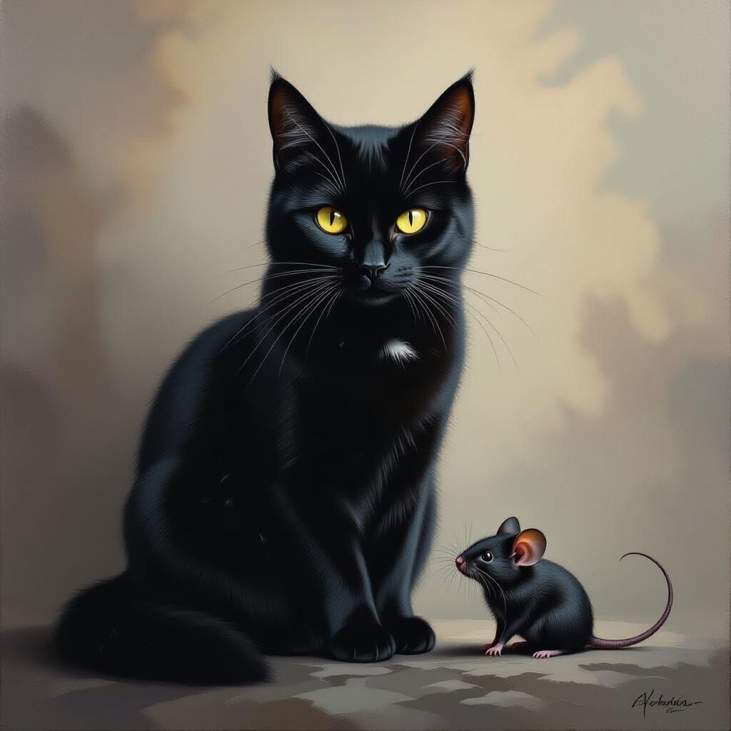 Black Cat and Mouse in Dark Fantasy Oil Painting
