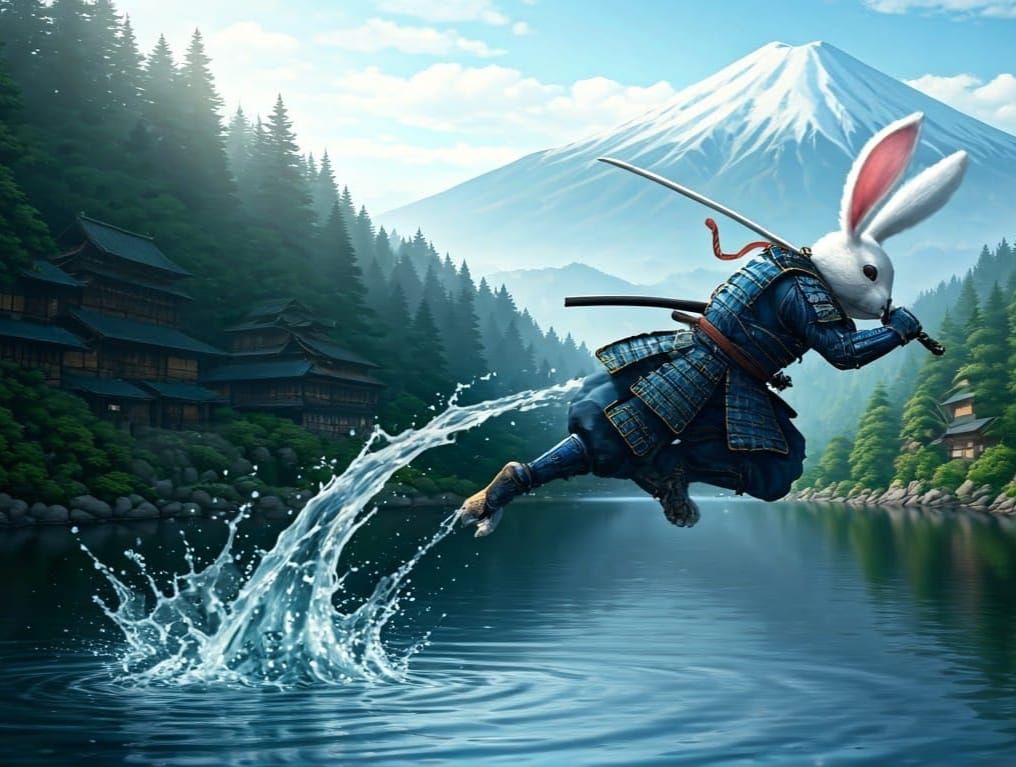 Samurai Bunny Tiptoes on Lake in Photorealistic Style