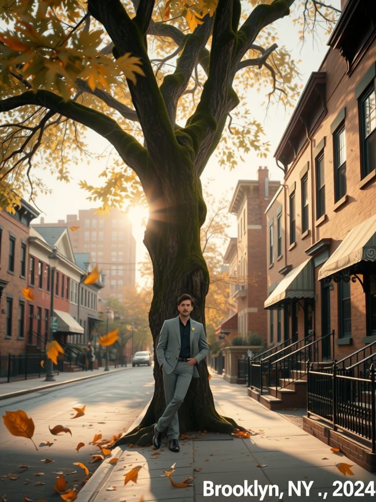 Autumnal Brooklyn Street Scene with Man and Mossy Tree